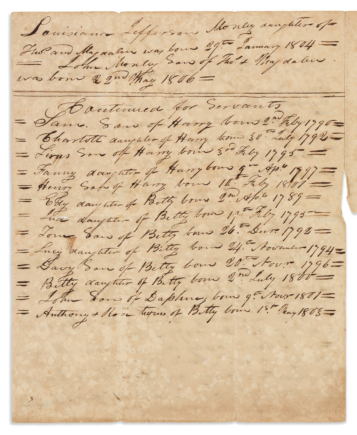 (SLAVERY & ABOLITION.) Moseley family register listing the births and parents of 13 enslaved people.